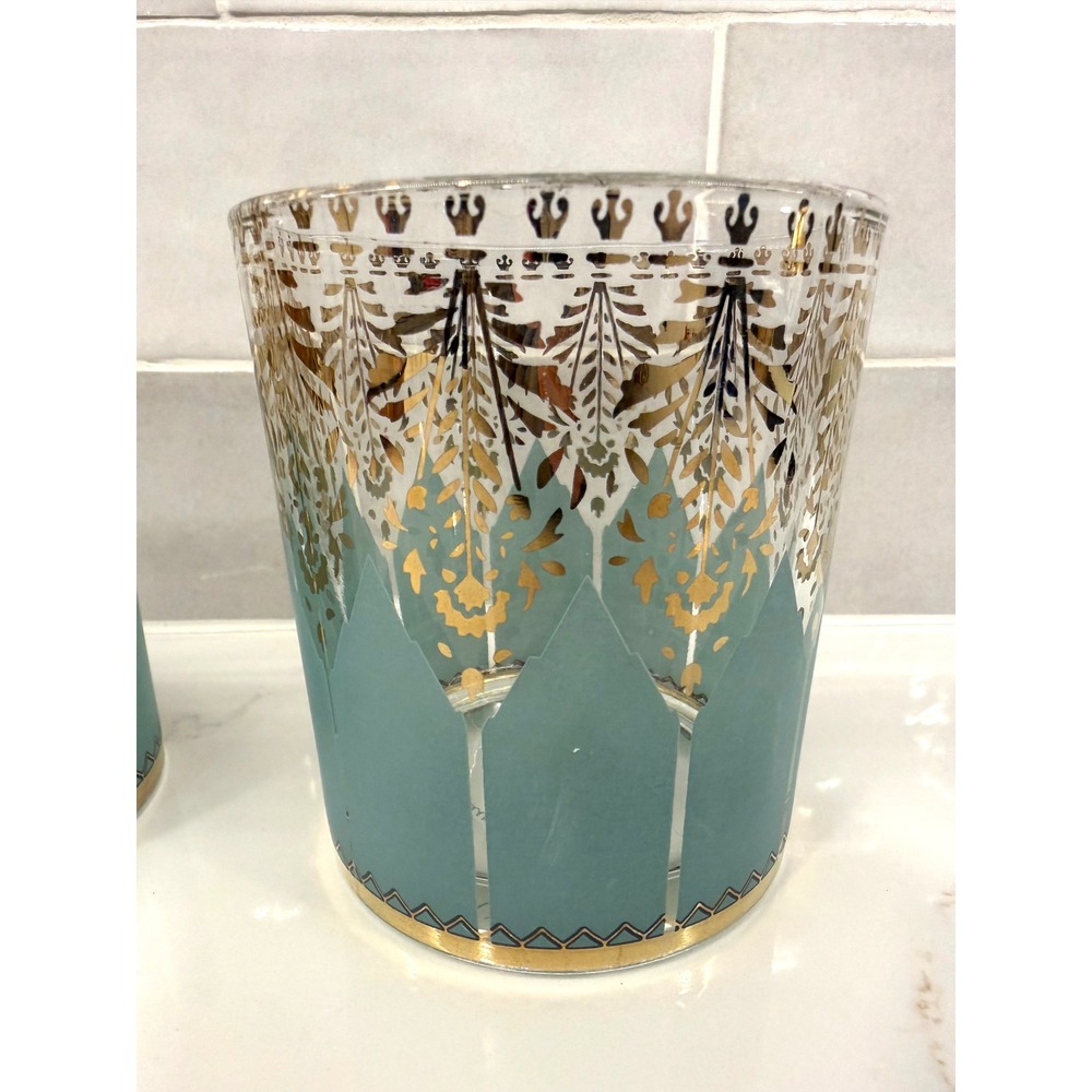 Patina Vie Aquarius Rock Glasses‎ Teal Gold Tumblers 18k Set of 2 Boho Barware